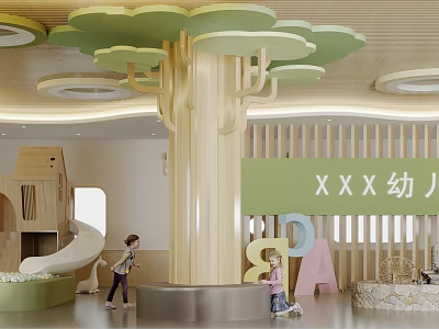 Playful Kindergarten Interior With Large Tree Structure Slide And Letter Decorations For Kids 3d model