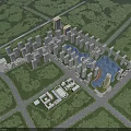Urban Aerial Planning Featuring High Rise Buildings Central Water Lake and Surrounding Green Spaces