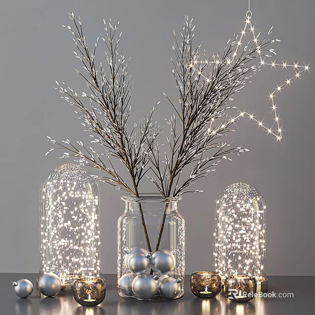 Stylish Home Decorative Ornament Set With LED Lighted Branches Glass Vase And Decor Balls 3d model 