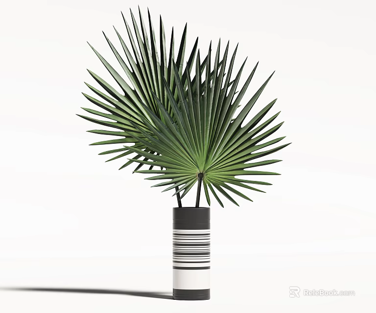 Modern Black and White Striped Vase with Green Fan Shaped Palm Leaves Decorative Plant 3d model 