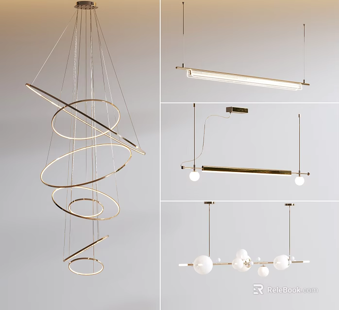 Modern Hanging Chandeliers With Various Designs Including Spiral Linear And Spherical Bulb Styles 3d model 
