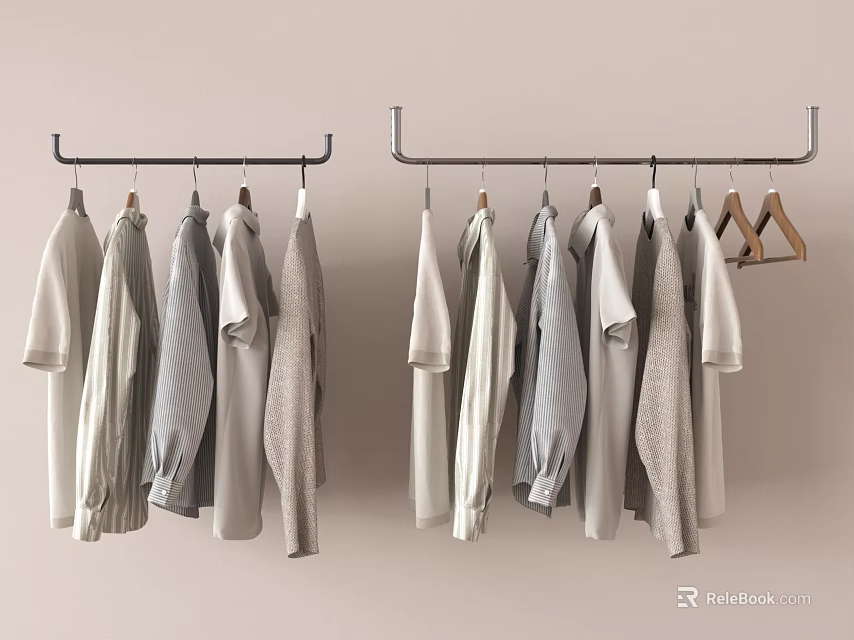 Wall Mounted Clothes Hooks Hanging Various Light Colored Casual Clothes In Wardrobe 3d model 