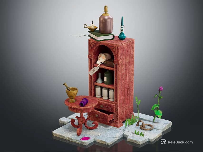 Decorative Ornament Set With Red Cabinet Small Table Mortar And Purple Flower Plants 3d model 