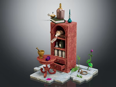 Decorative Ornament Set With Red Cabinet Small Table Mortar And Purple Flower Plants 3d model
