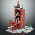 Decorative Ornament Set With Red Cabinet Small Table Mortar And Purple Flower Plants