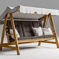 Wooden Frame Swing Chair With White Canopy Dark Seat And Light Cushions