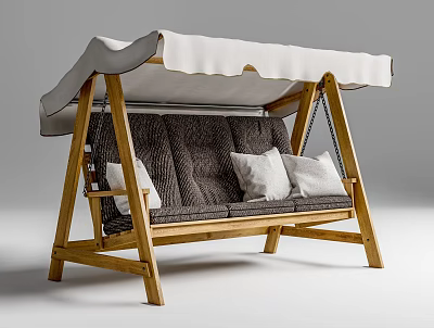 Wooden Frame Swing Chair With White Canopy Dark Seat And Light Cushions 3d model