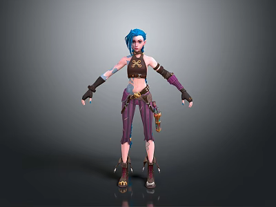 3D Character With Blue Hair Brown Crop Top Purple Pants Arm Guards And Tool Belt 3d model