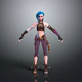 3D Character With Blue Hair Brown Crop Top Purple Pants Arm Guards And Tool Belt