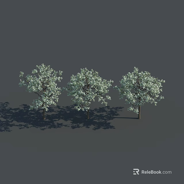 Three Decorative Landscape Trees With White Foliage And Shadows On Gray Ground 3d model