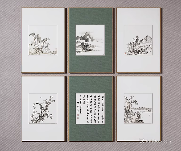 Traditional Chinese Art Paintings With Landscape Plant And Calligraphy In Green White Frames 3d model 
