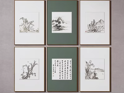 Traditional Chinese Art Paintings With Landscape Plant And Calligraphy In Green White Frames 3d model