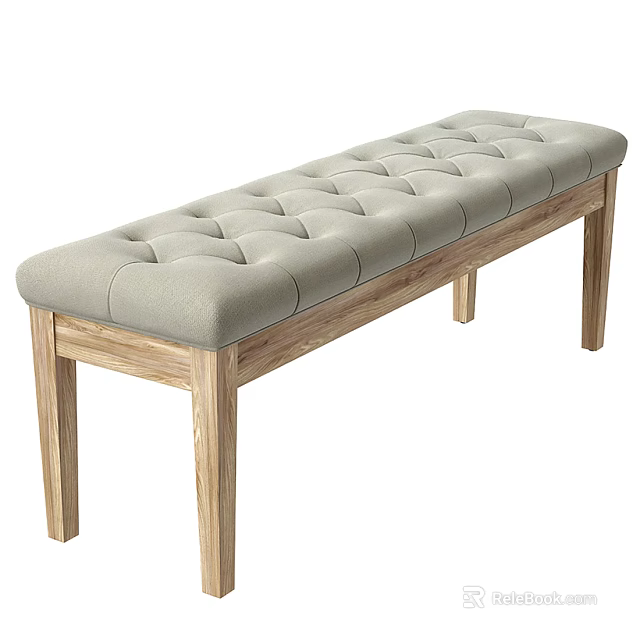 Modern Light Gray Upholstered Bench With Tufted Design And Wooden Legs 3d model 