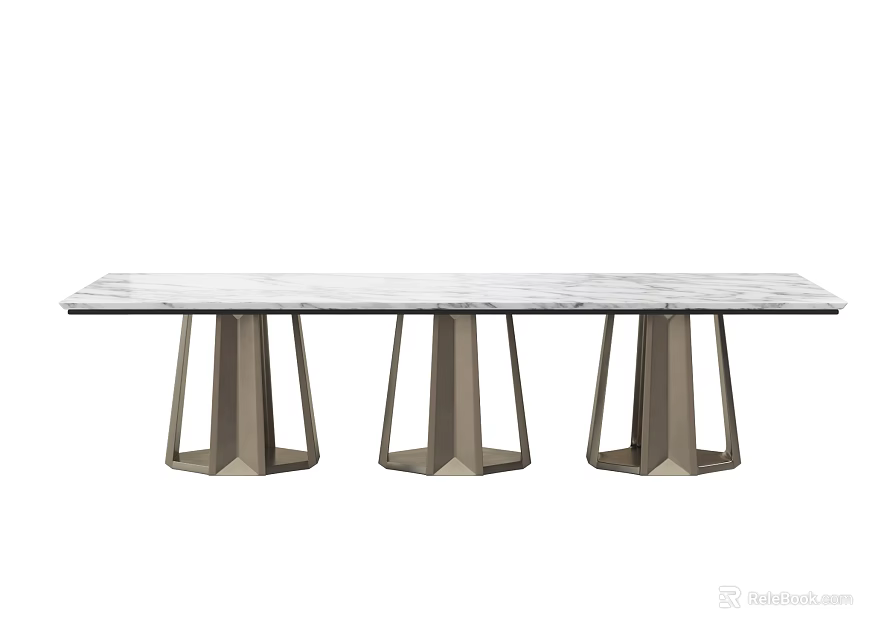 Modern Rectangular Dining Table With White Marble Tabletop And Geometric Metal Bases 3d model