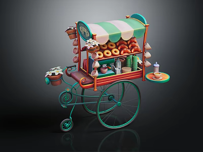 Mobile Food Tricycle Cart With Green Red Awning Donuts Display And Small Tray 3d model