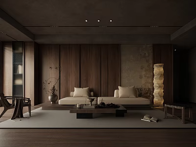 Modern Minimalist Living Room Interior With Wooden Wall Tatami Sofa Floor Lamp And Coffee Table 3d model