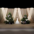 Wedding Decorative Ornament Set with Beige Curtains and Flowers Decorations on Stage
