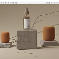 Stone Display Shelves Featuring Brown Bottle Orange Cylindrical Objects And Dry Branches On Beige Background