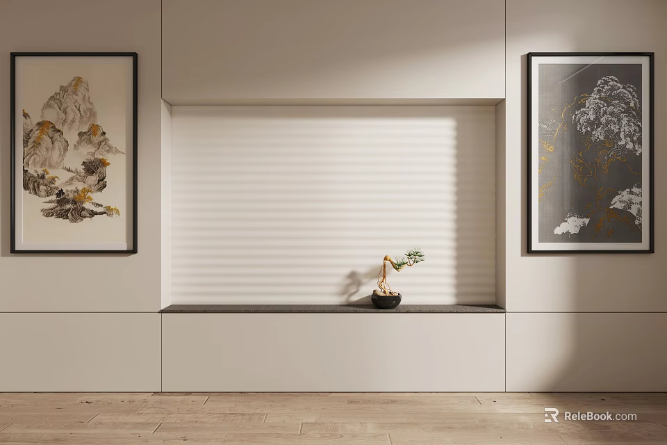 Modern Wall Interior With Decorative Paintings Roller Blinds Built In Niche And Potted Plant 3d model 