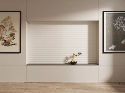 Modern Wall Interior With Decorative Paintings Roller Blinds Built In Niche And Potted Plant 3d model