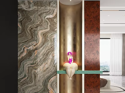 Elegant Modern Foyer Hallway Interior Design With Marble Wood Metal And Sculpture Decor 3d model