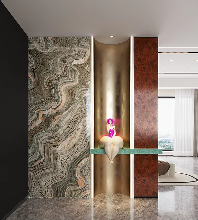 Elegant Modern Foyer Hallway Interior Design With Marble Wood Metal And Sculpture Decor 3d model
