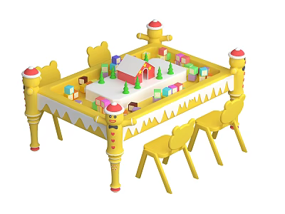 Kids Table with Castle Design Yellow Chairs and Building Blocks Toys for Children 3d model