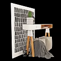 White Desk with Wooden Legs Drawer Shelf Books Potted Plant Beige Stools near Striped Screen