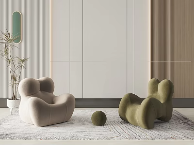 Comfortable Beige And Olive Green Lounge Chairs With Round Footstool Soft Rug And Plant 3d model