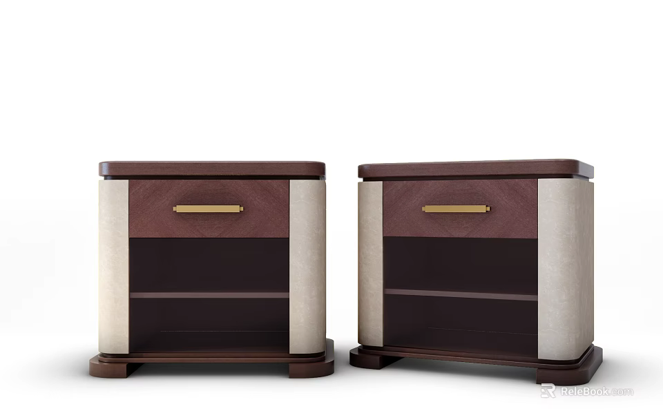 Pair of Modern Brown and Beige Nightstands With Drawer Design and Metal Handles 3d model 