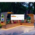 Landscape Seating With Wooden Design Illuminated In Outdoor Park Surrounded By Greenery
