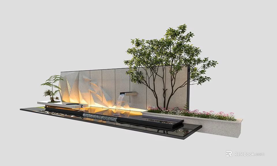 Outdoor Feature Wall Design With Textured Panels Water Feature Green Tree And Lighting 3d model 