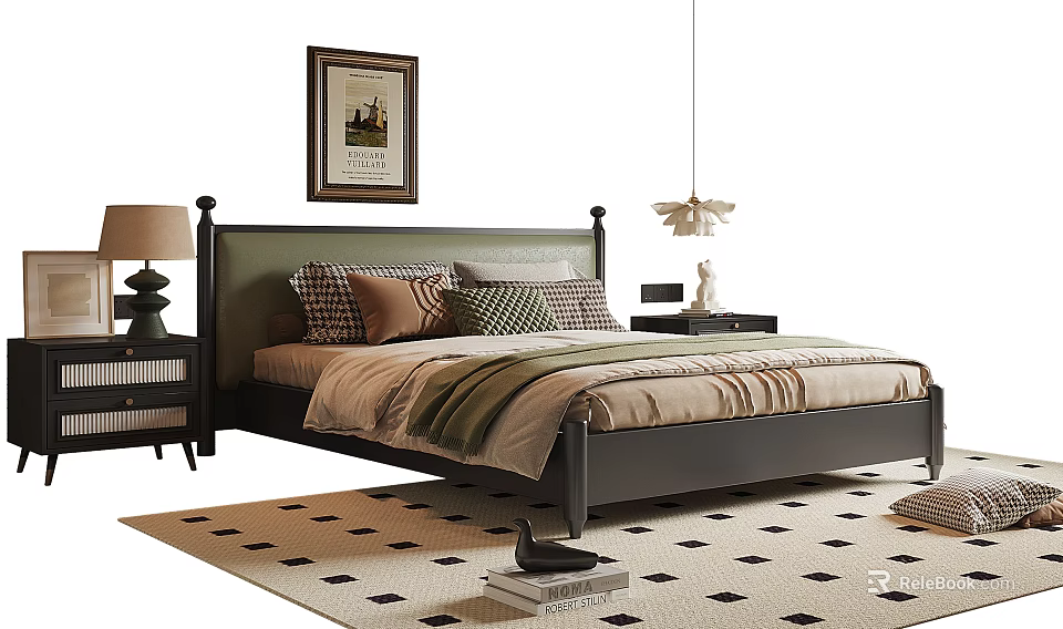 Cozy Double Bed with Dark Bedframe Pillows Striped Bedspread Nightstands Table Lamp and Geometric Rug 3d model 