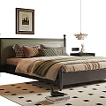 Cozy Double Bed with Dark Bedframe Pillows Striped Bedspread Nightstands Table Lamp and Geometric Rug