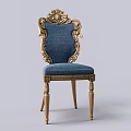 Luxurious Dining Chair With Golden Carved Backrest And Blue Upholstered Seat