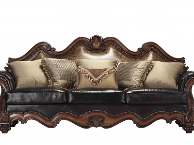 Classic Carved Three Seat Sofa With Wooden Frame Black Leather And Beige Fringed Cushions 3d model