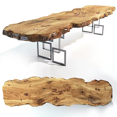 Modern Natural Wood Tea Table and Chairs with Live Edge Top and Metal Legs 3d model