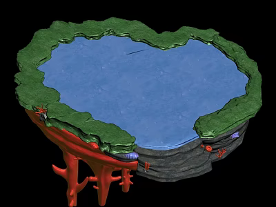 Cartoon Scene With Lush Green Borders Blue Water Area And Red Decorative Structures 3d model