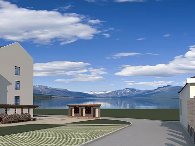 Modern Building Casement Door With Lake View Mountain Blue Sky White Clouds 3d model