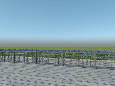 Outdoor Decorative Metal Grid Fence On Wooden Deck With Green Vegetation And Blue Sky 3d model
