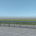 Outdoor Decorative Metal Grid Fence On Wooden Deck With Green Vegetation And Blue Sky