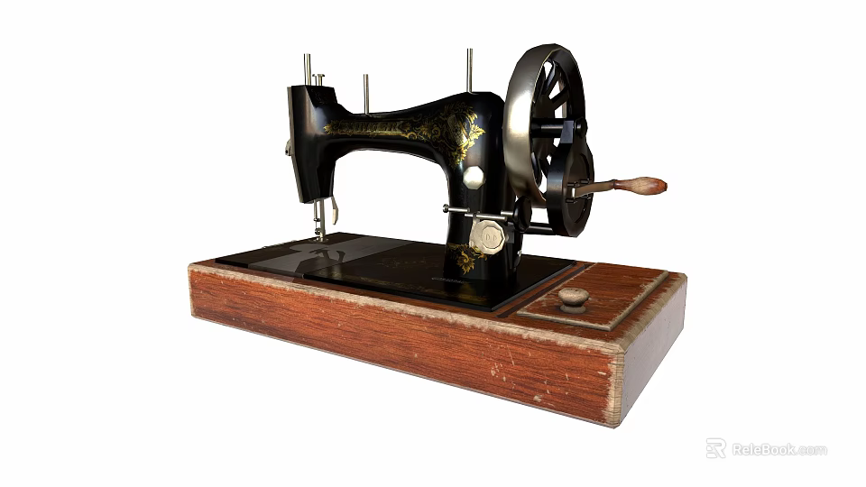 Vintage Industrial Sewing Machine Featuring Black Metal Components Wooden Base And Golden Decorative Patterns 3d model 