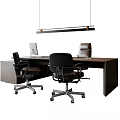Modern Dark Office Desk With Computer Monitor Two Black Office Chairs And Hanging Pendant Light