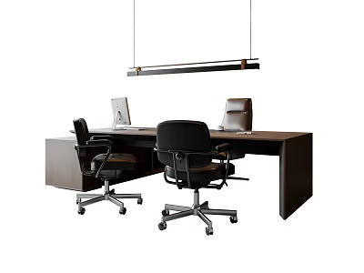 Modern Dark Office Desk With Computer Monitor Two Black Office Chairs And Hanging Pendant Light 3d model