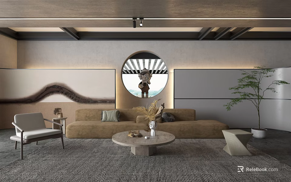 Modern Living Room Interior With Beige Sofa Round Mirror Coffee Table And Decorative Rug 3d model 