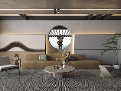 Modern Living Room Interior With Beige Sofa Round Mirror Coffee Table And Decorative Rug 3d model