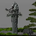 Japanese Style Courtyard Garden With Tall Gray Stone Pine Branch And Trimmed Trees