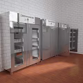 Modern Canteen Interior With Stainless Steel Storage Cabinets White Brick Walls And Red Tiled Floor