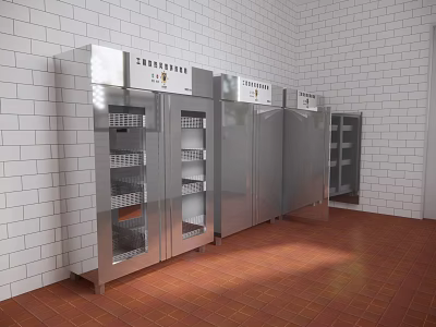 Modern Canteen Interior With Stainless Steel Storage Cabinets White Brick Walls And Red Tiled Floor 3d model
