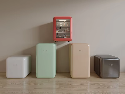 Stylish Modern Mini Fridges In Multiple Colors Display On Wooden Floor 3d model